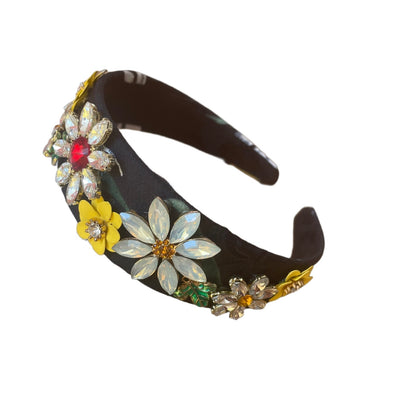 Serre-tête noir avec fleurs en pierres et perles