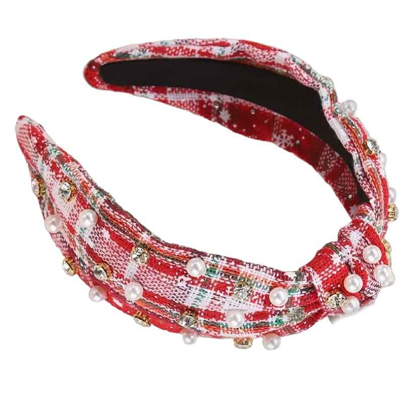 Festlicher Haarreifen mit kariertem Stoff, Perlen und funkelnden Strasssteinen