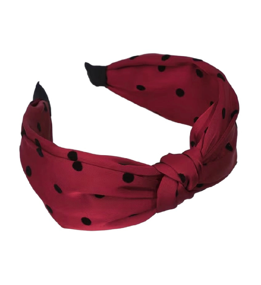 Romantic Dots – Eleganter Haarreifen in Bordeauxrot mit schwarzen Punkten & Knoten