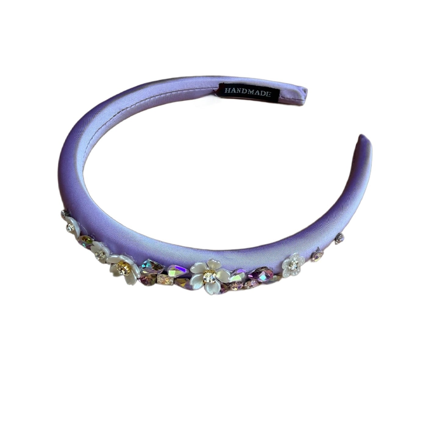 Schmaler Satin-Haarreifen mit Blüten & Strass – Zarte Eleganz mit glamourösem Glanz