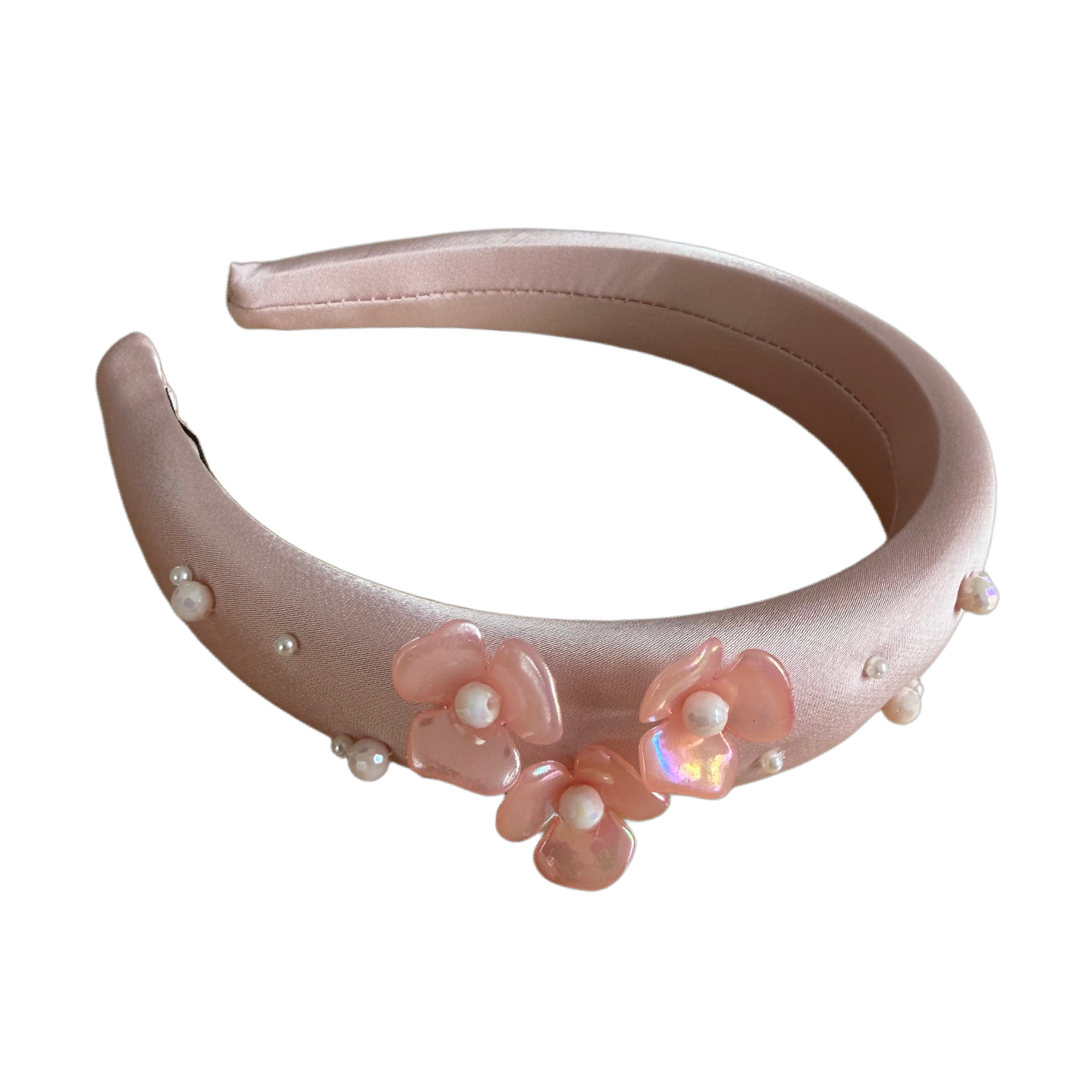 Romantischer Satin-Haarreifen mit Blüten und Perlen – zarte Eleganz in Pastell
