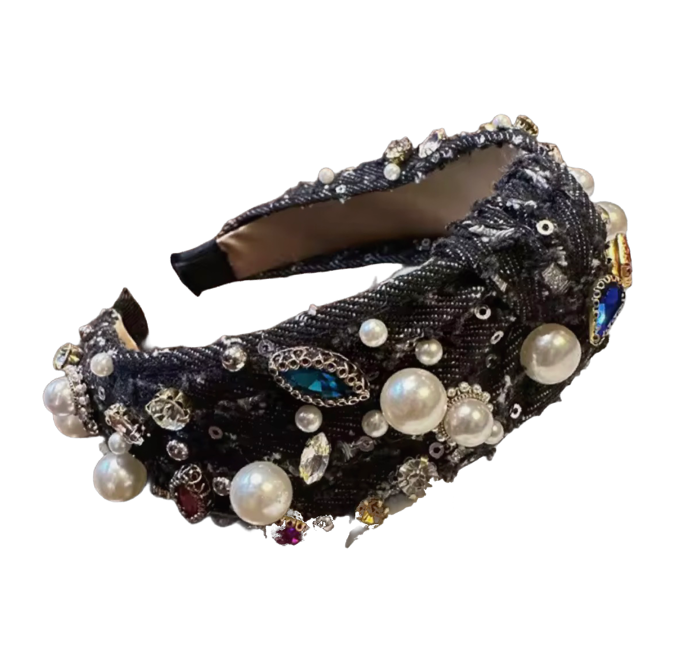 Knotenpoesie — Jeansreif mit Silberpailletten, Strass & Perlen