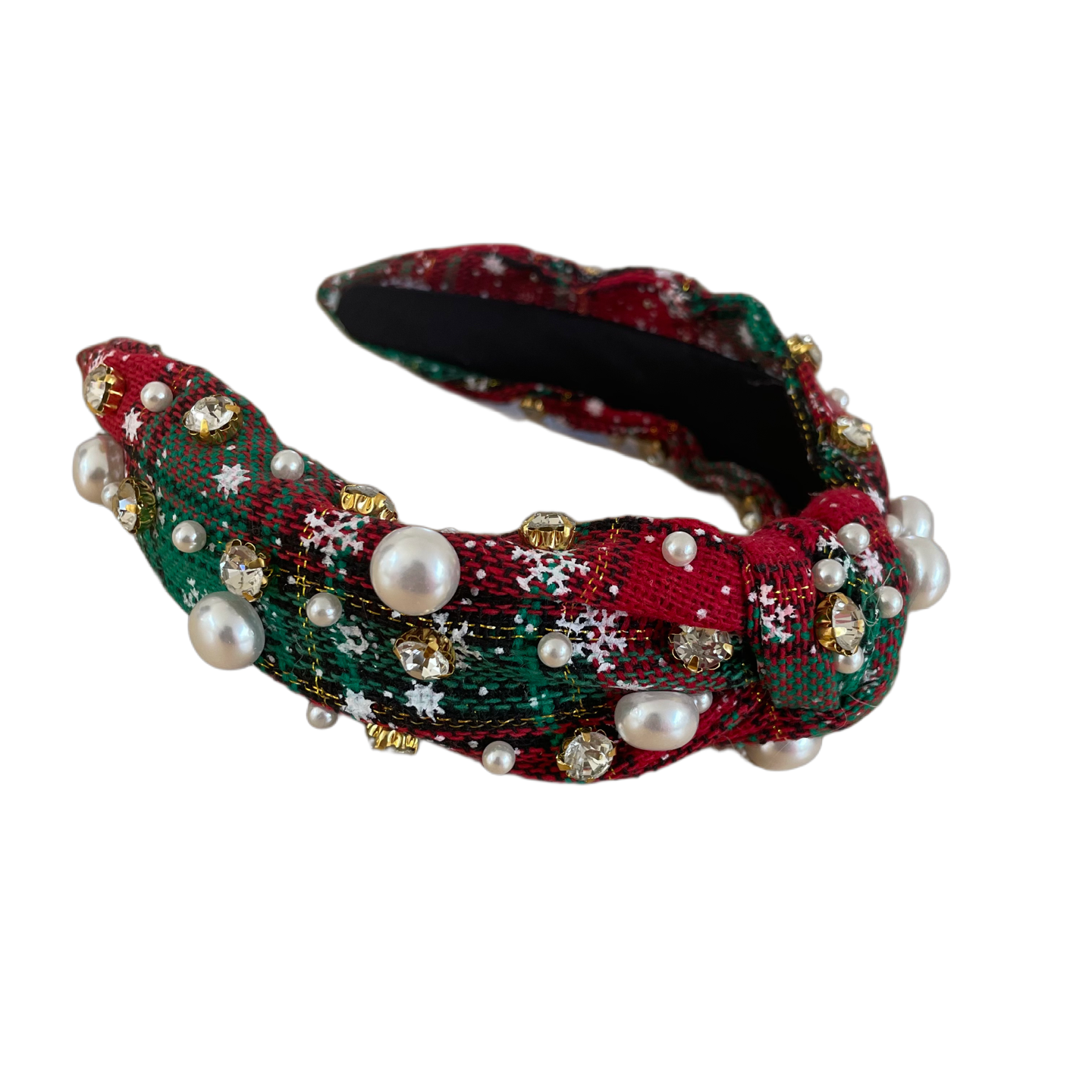 Festlicher Haarreifen mit kariertem Stoff, Perlen und funkelnden Strasssteinen