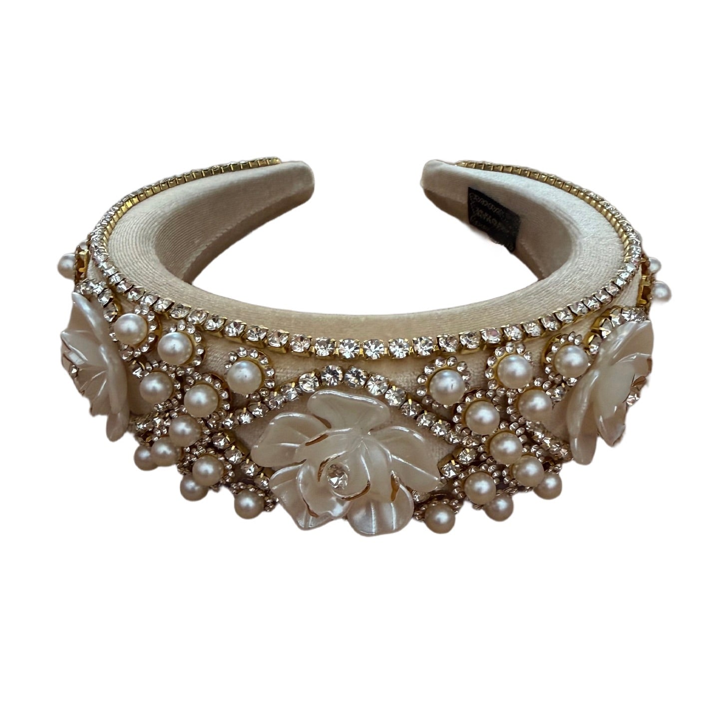 Eleganter Haarreifen mit Perlenblüten & Strass – Luxuriöser Glamour in Creme und Gold