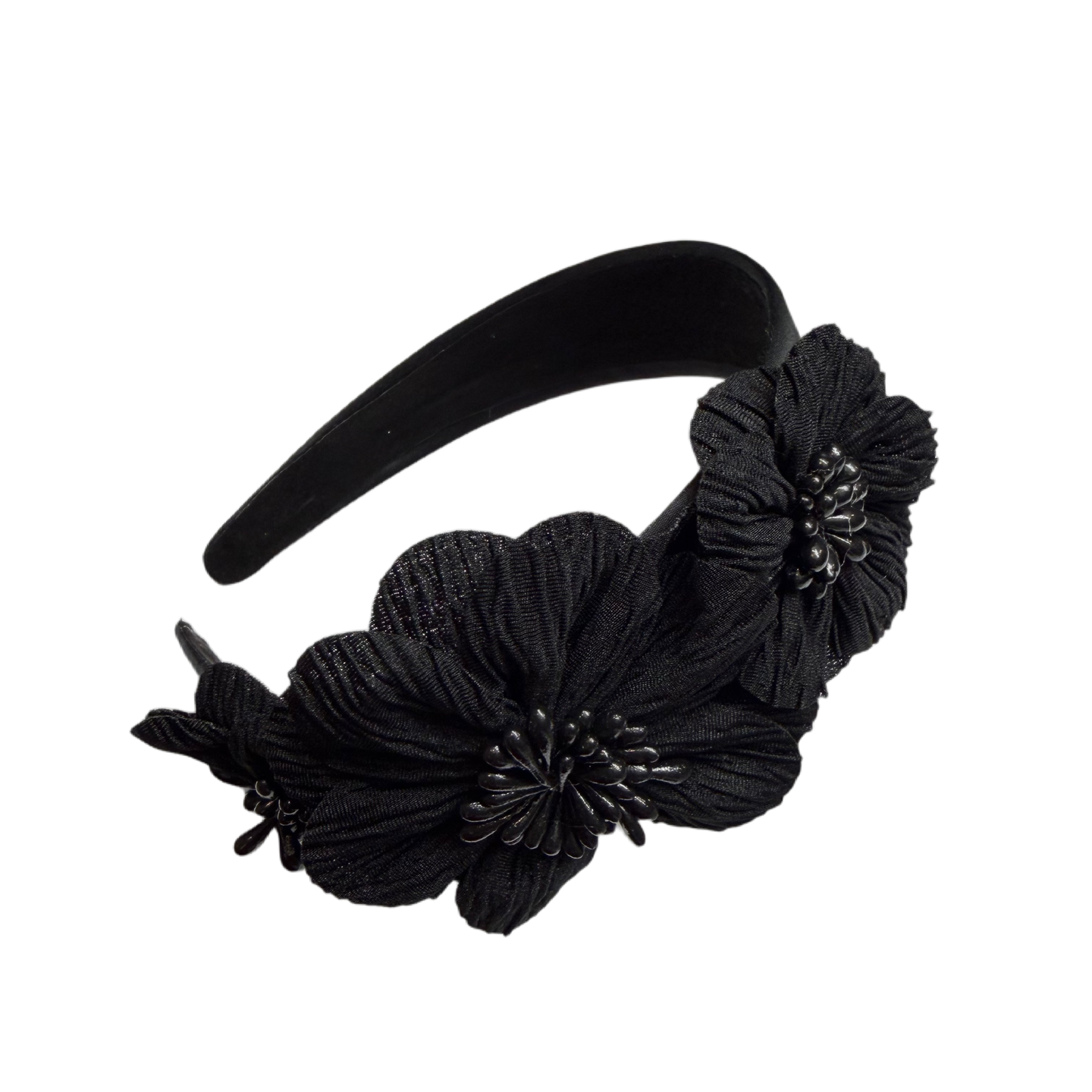 Dreiblüte — Eleganter Satin‑Haarreif mit seitigem Blumenbouquet