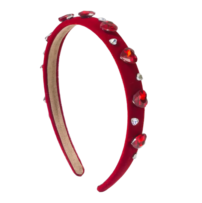 Roter Samt-Haarreifen mit Strass, Perlen & Herzen – Glamouröses Accessoire mit Herz