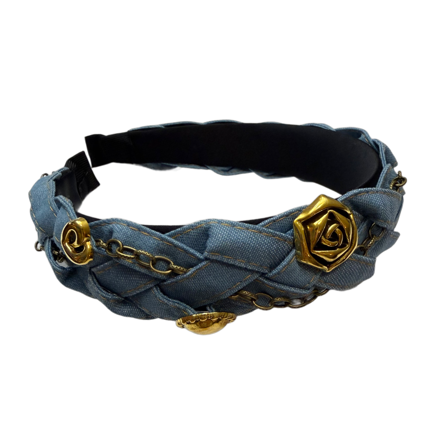 Urban Kranz — Geflochtener Jeansreif mit Kettendetail und Goldakzenten
