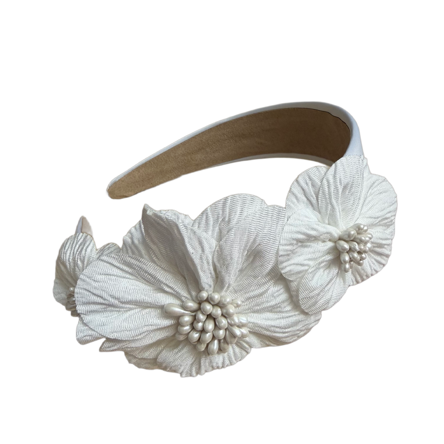Dreiblüte — Eleganter Satin‑Haarreif mit seitigem Blumenbouquet