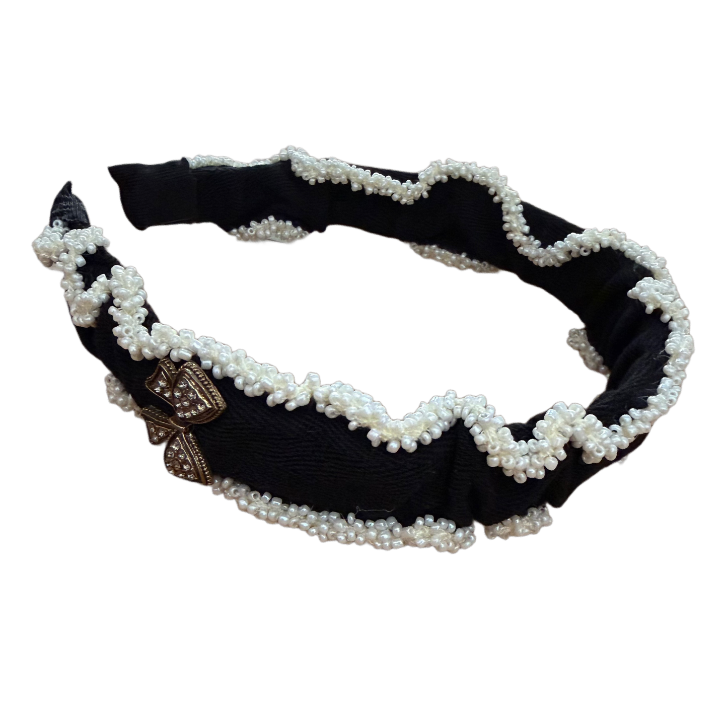 Schwarzer Haarreifen mit Perlenstickerei & Schleifen-Detail – Eleganz mit romantischem Charme