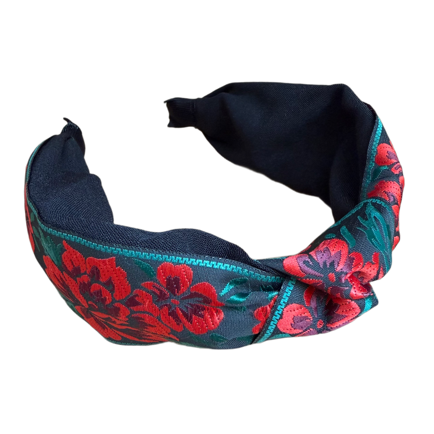 Schwarzer Jaguar-Haarreifen mit roten Blüten & grünen Blättern – Look mit Knoten