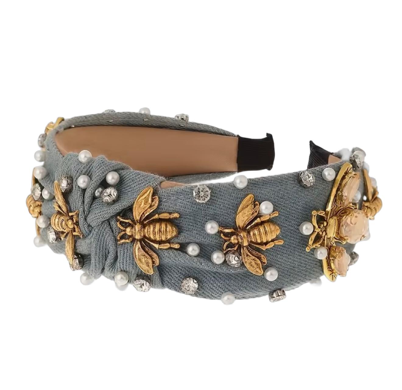 Golden Bee – Jeans Haarreifen mit goldenen Bienen, Perlen & Strass