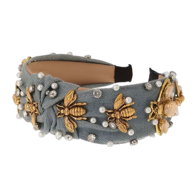 Golden Bee – Jeans Haarreifen mit goldenen Bienen, Perlen & Strass