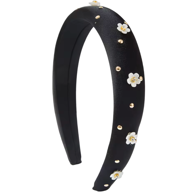 Elegance in Bloom – Eleganter schwarzer Haarreifen mit Blüten, Perlen & goldenen Akzenten 🌸✨