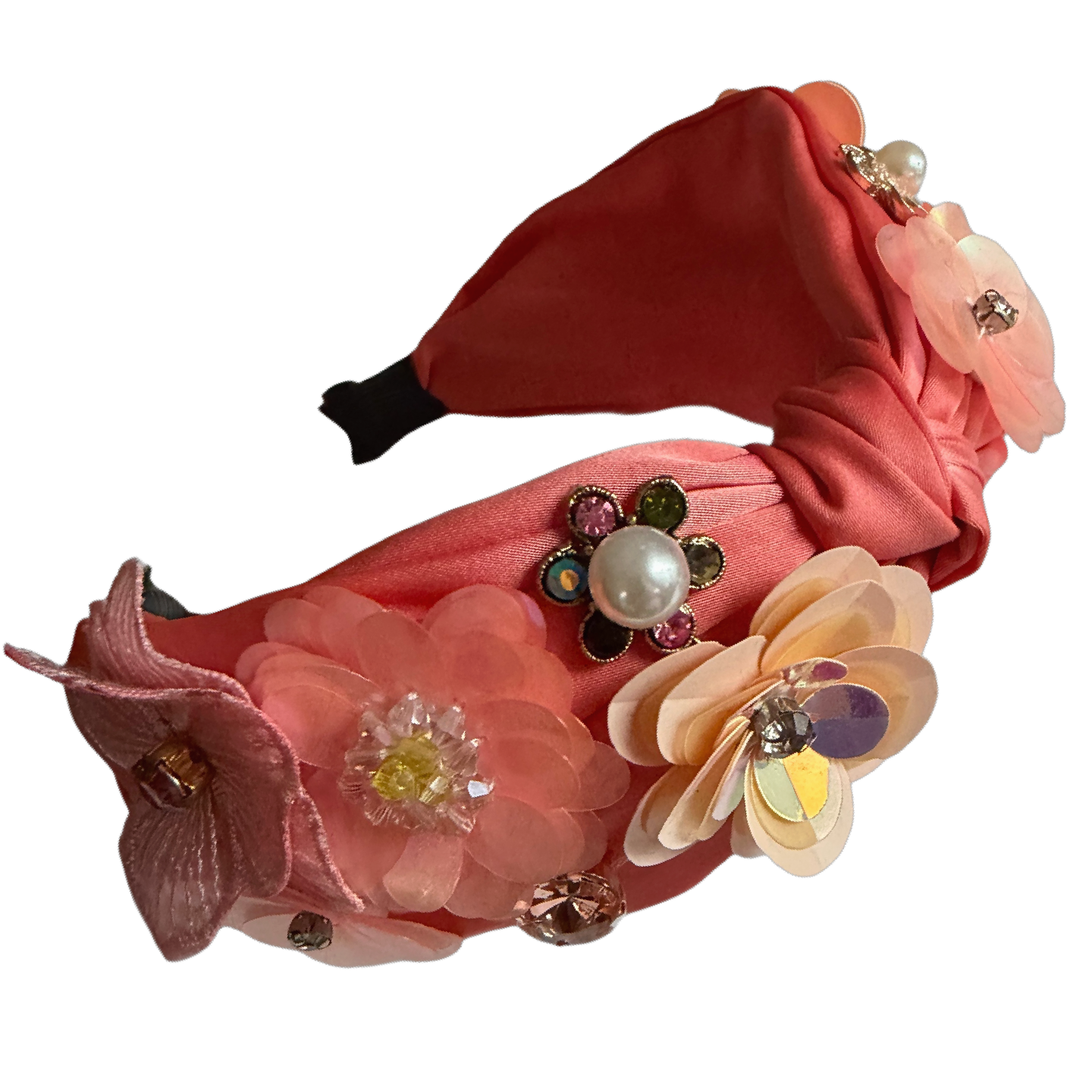Lachsblüte — Floraler Haarreif mit Perlen, Strass, Pailletten & mittigem Knoten