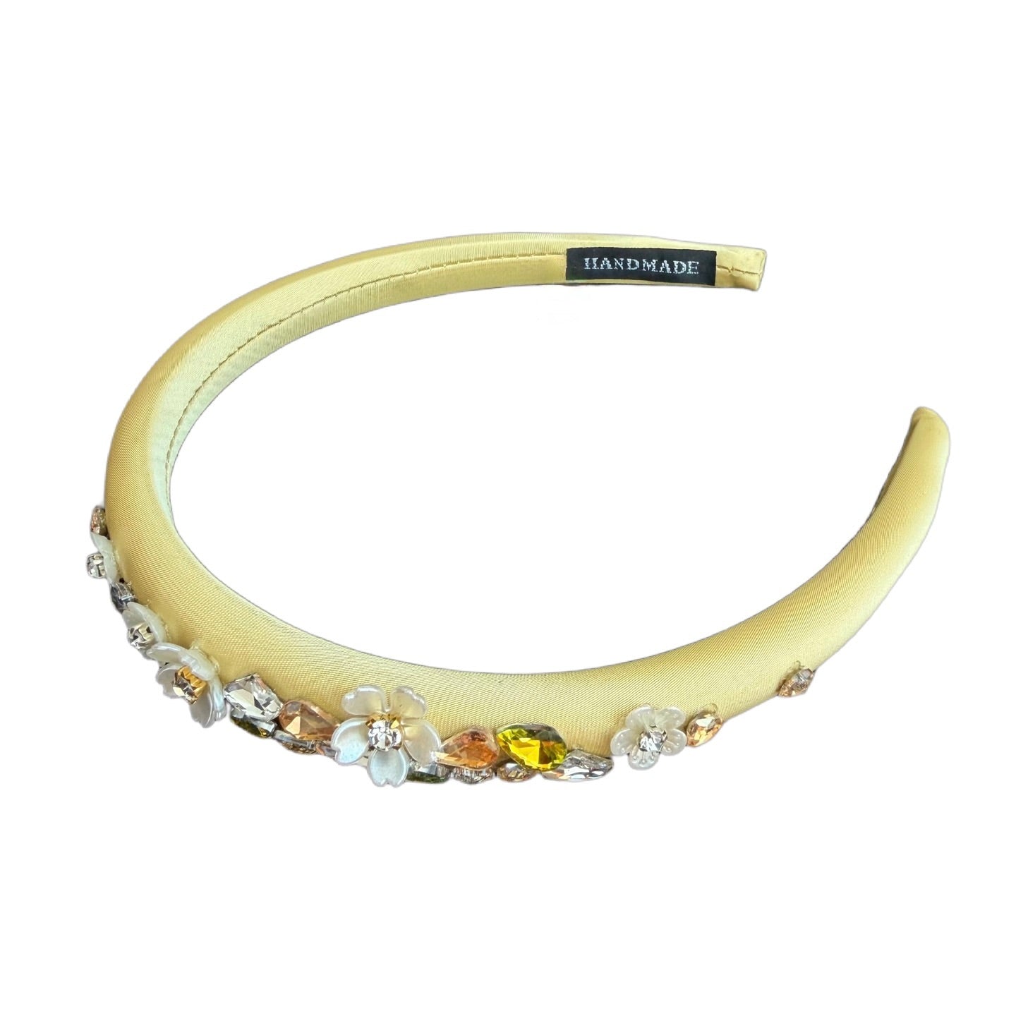 Schmaler Satin-Haarreifen mit Blüten & Strass – Zarte Eleganz mit glamourösem Glanz