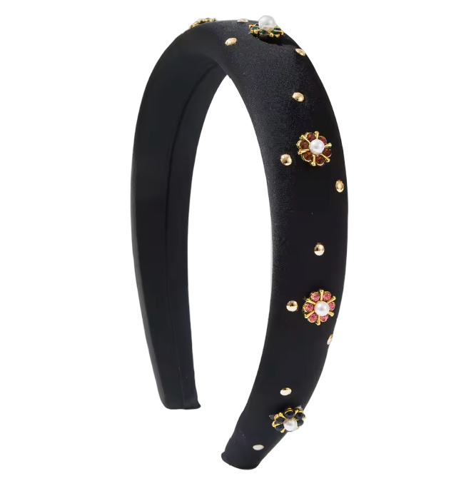 Elegance in Bloom – Eleganter schwarzer Haarreifen mit Blüten, Perlen & goldenen Akzenten 🌸✨