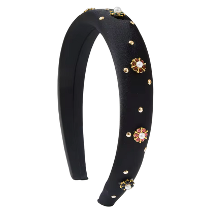 Elegance in Bloom – Eleganter schwarzer Haarreifen mit Blüten, Perlen & goldenen Akzenten 🌸✨