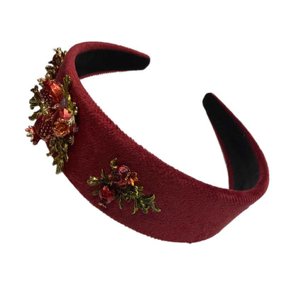 Burgunderblüte — Weinroter Samt‑Haarreif mit roten, grünen & goldenen Blüten