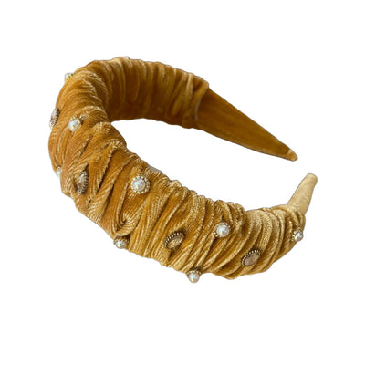 Bandeau ocre en velours avec perles et pierres