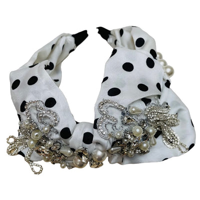 Bandeau blanc/noir tacheté de perles de pierres en maille