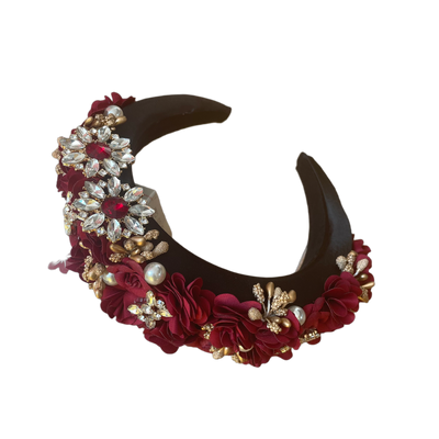 Bandeau baroque en satin noir vin rouge or avec fleurs