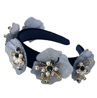 Bandeau en velours noir avec 5 fleurs grises avec pierres et perles