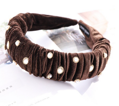 Headband velvet brown with pearls and stones