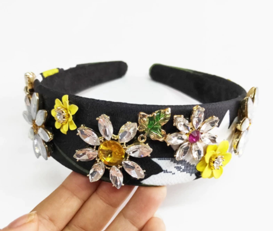 Black headband with flowers made of stones and pearls