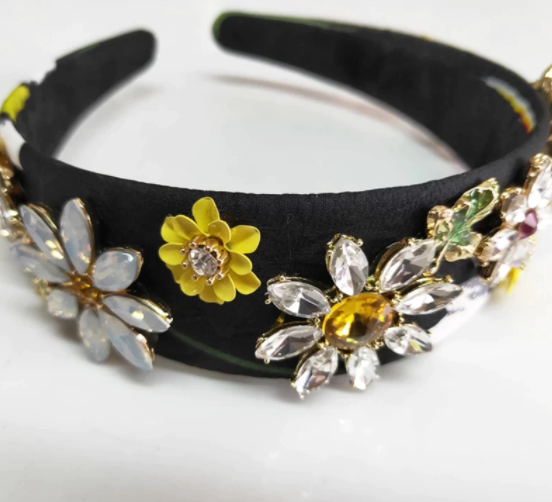 Black headband with flowers made of stones and pearls